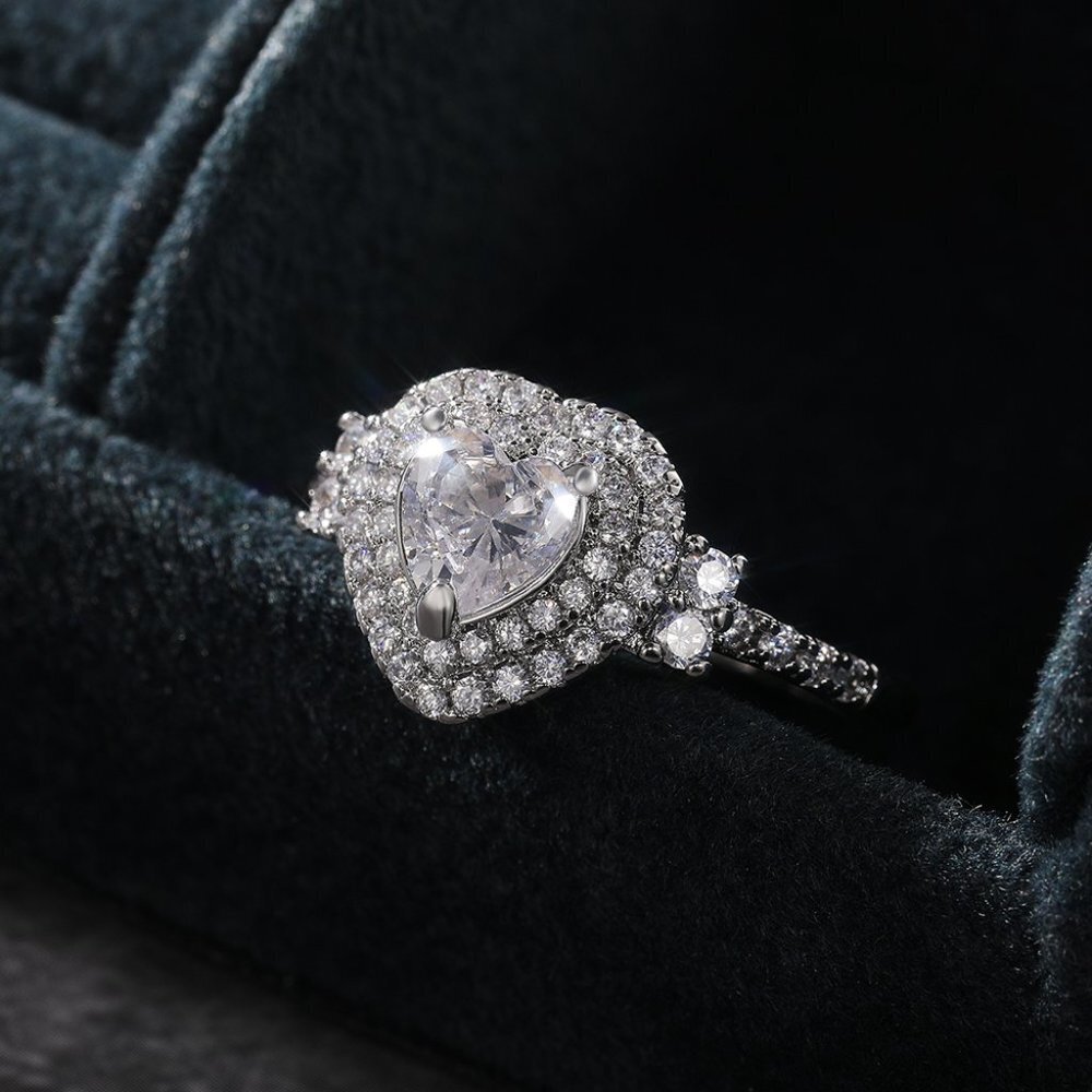 😍Diamond Heart CZ Shiny 14k White Gold Luxury Macro Pave Ring for Women, K852 - Picture 7 of 11